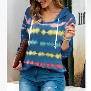 Blue Multicoloured Tie-Dye Stripe Hoodie, L